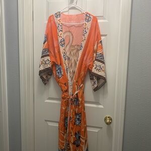 Vibrant Orange Floral Kimono Robe
